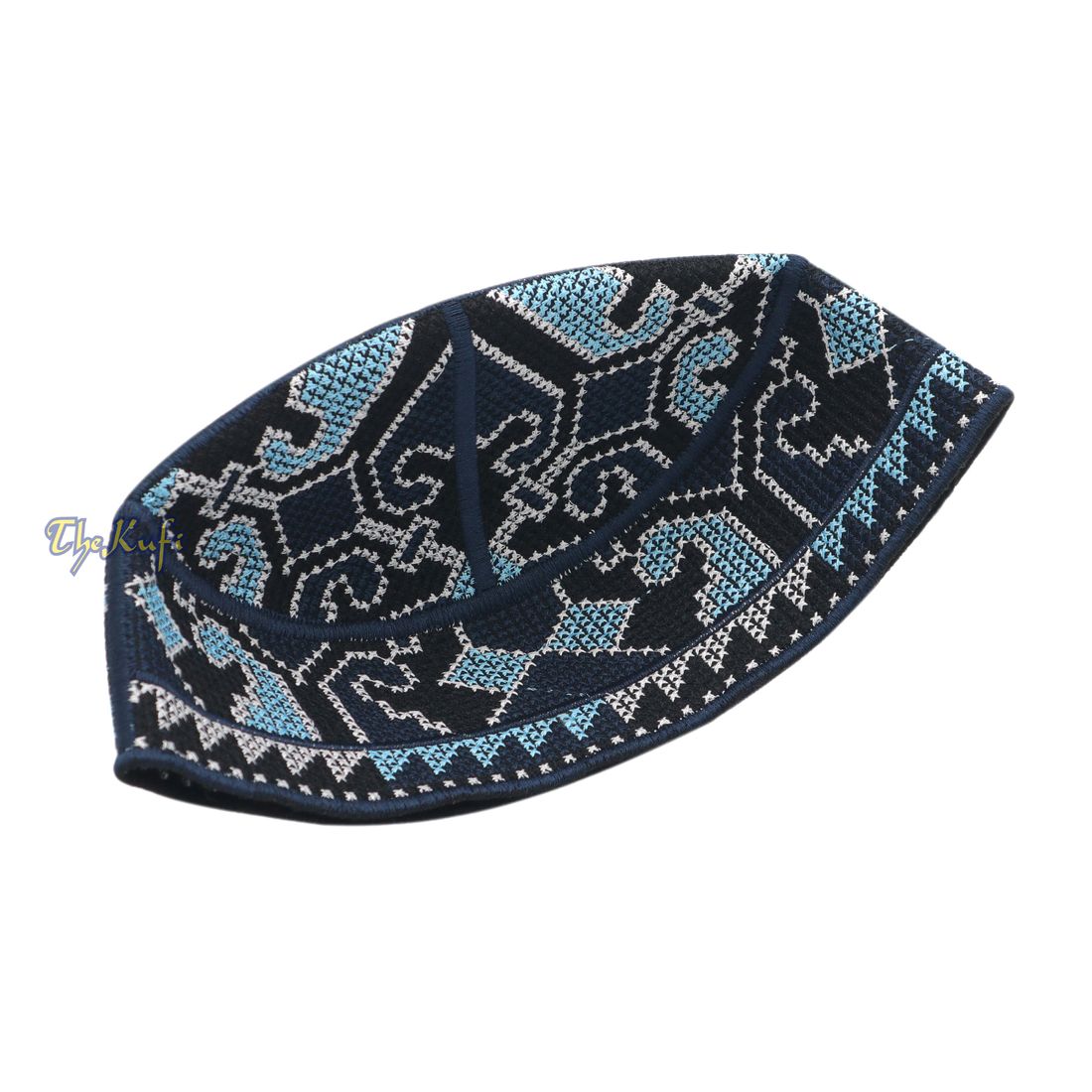 Navy Blue, Black White and Light Turquoise Haji Alay Motif Embroidery Pakistani Topi Kufi Hat