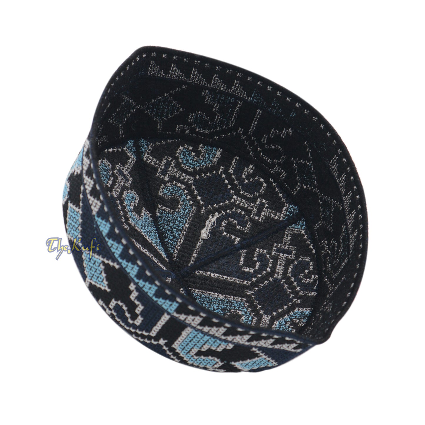 Navy Blue, Black White And Light Turquoise Haji Alay Motif Embroidery Pakistani Topi Kufi Hat