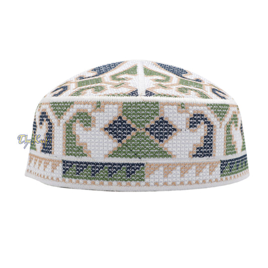 White, Army Green And Navy Blue Haji Alay Motif Embroidery Pakistani Topi Kufi Hat