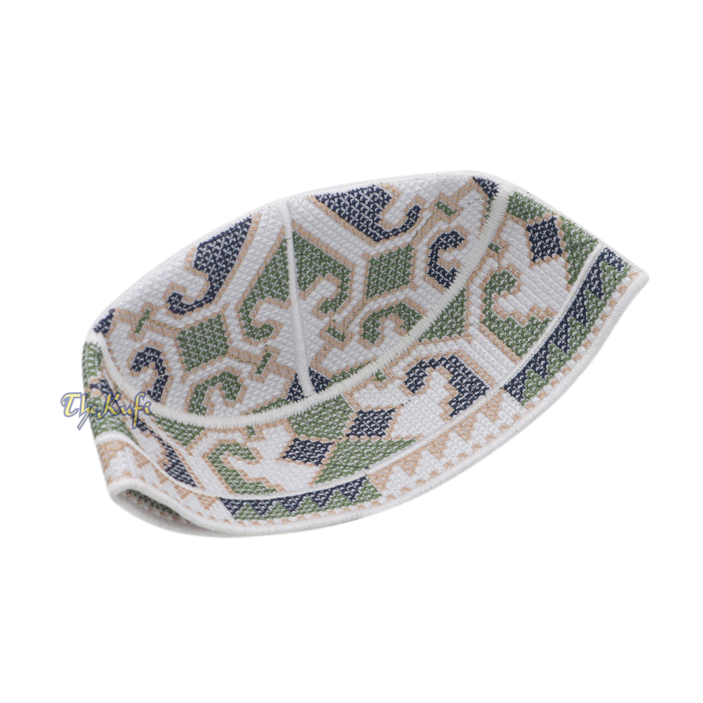 White, Army Green And Navy Blue Haji Alay Motif Embroidery Pakistani Topi Kufi Hat