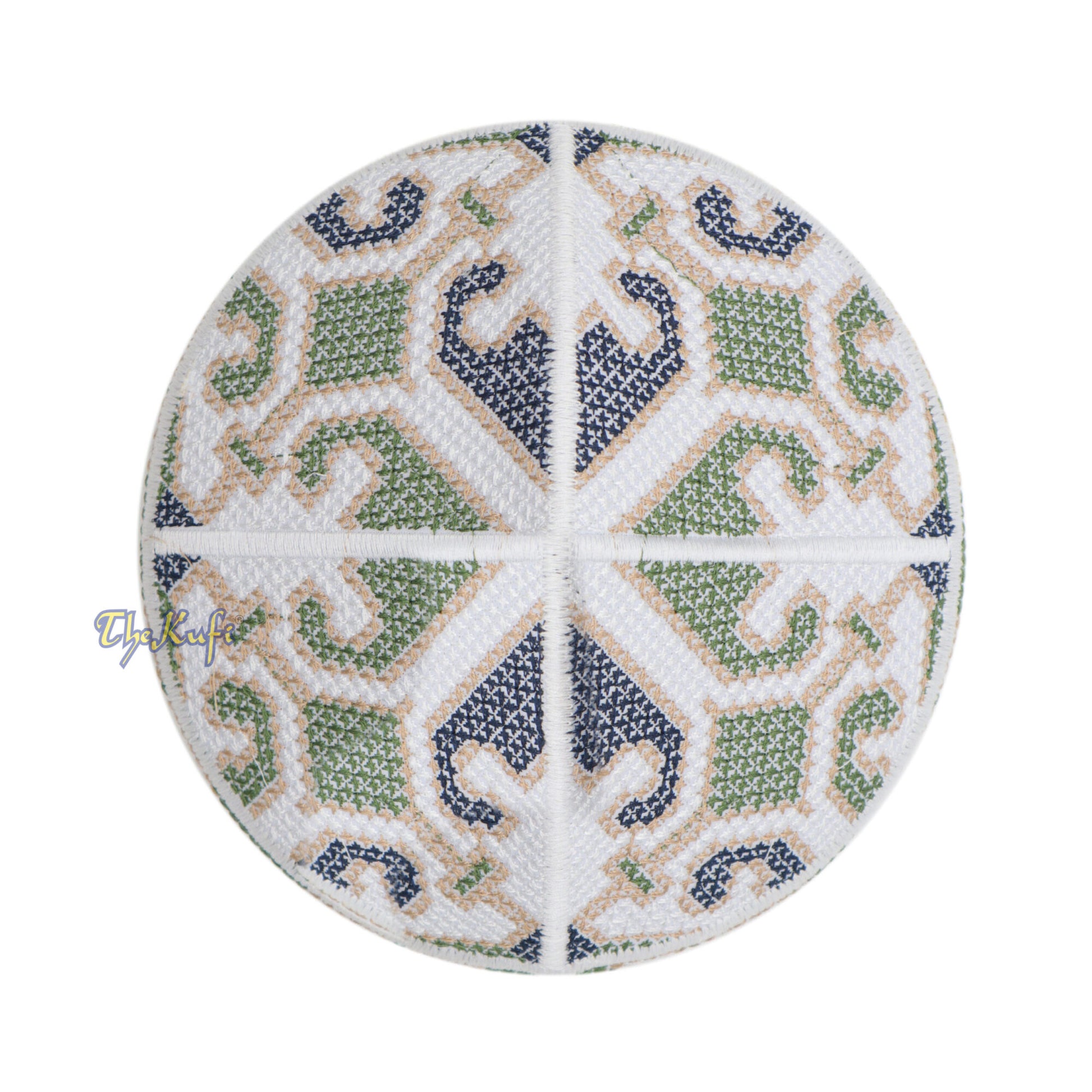 White, Army Green And Navy Blue Haji Alay Motif Embroidery Pakistani Topi Kufi Hat