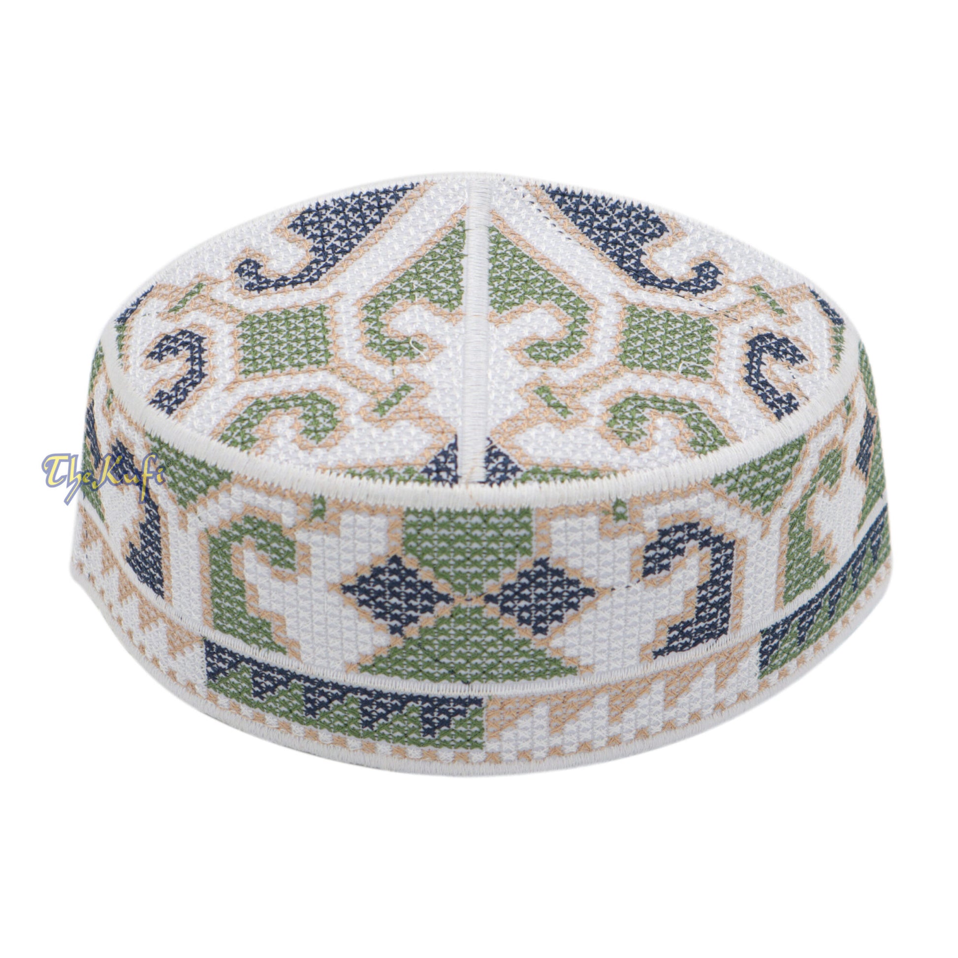 White, Army Green And Navy Blue Haji Alay Motif Embroidery Pakistani Topi Kufi Hat