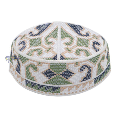 White, Army Green and Navy Blue Haji Alay Motif Embroidery Pakistani Topi Kufi Hat