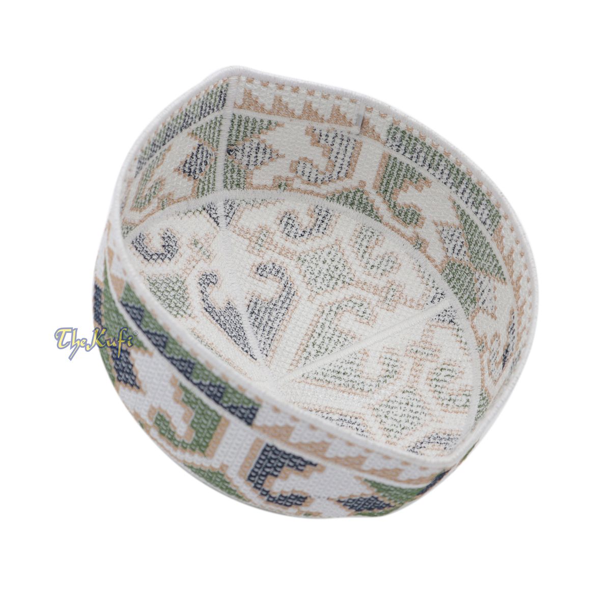 White, Army Green and Navy Blue Haji Alay Motif Embroidery Pakistani Topi Kufi Hat