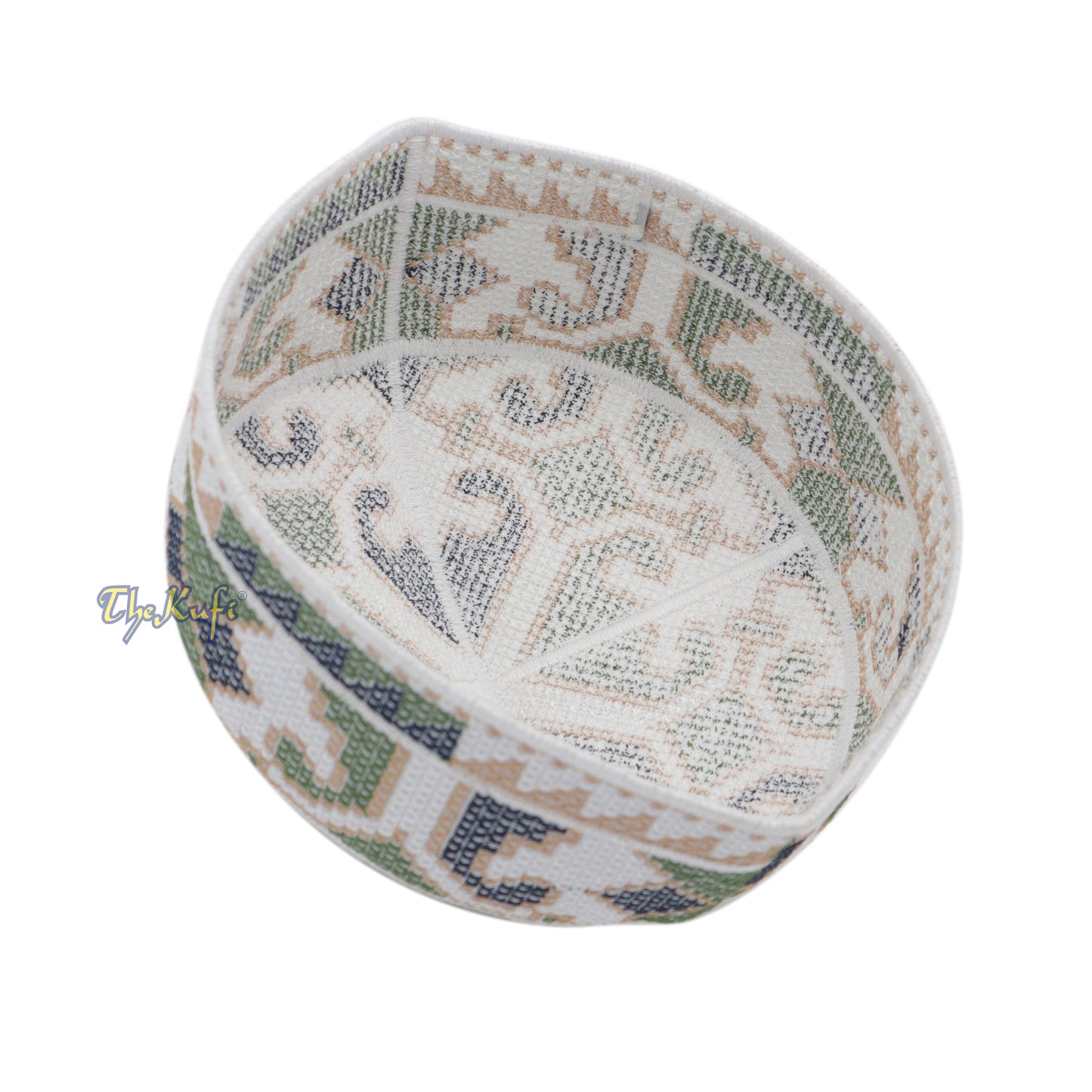White, Army Green and Navy Blue Haji Alay Motif Embroidery Pakistani Topi Kufi Hat