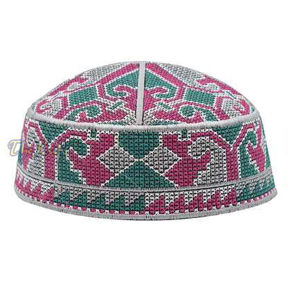 Grey, Maroon, Green Haji Alay Motif Embroidery Design Pakistani Topi Kufi Hat