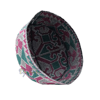 Grey, Maroon, Green Haji Alay Motif Embroidery Design Pakistani Topi Kufi Hat