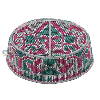 Grey, Maroon, Green Haji Alay Motif Embroidery Design Pakistani Topi Kufi Hat