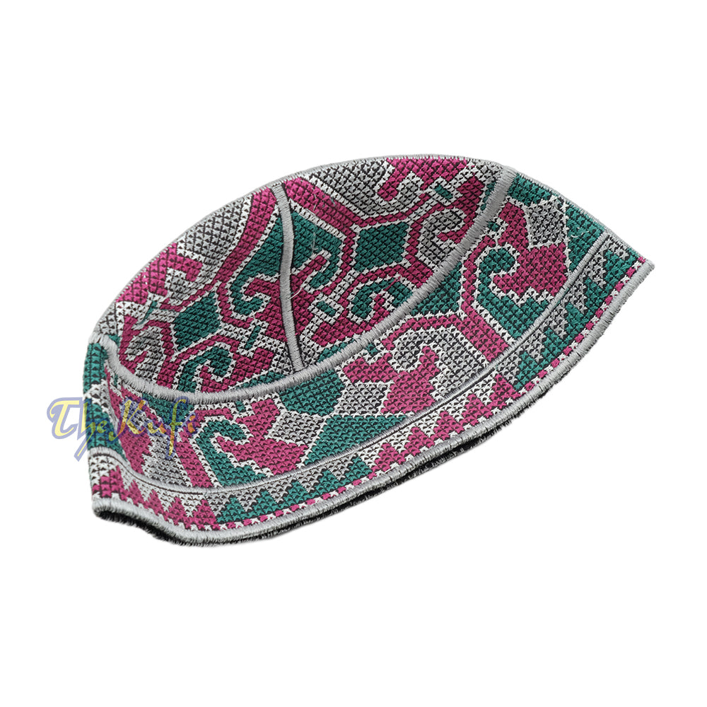Gray, Maroon, Green Haji Alay Motif Embroidery Design Pakistani Topi Kufi Hat