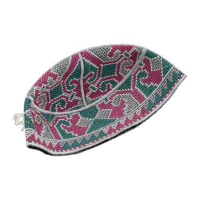 Gray, Maroon, Green Haji Alay Motif Embroidery Design Pakistani Topi Kufi Hat
