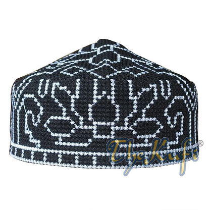 Embroidered Black Orchid Pattern Soft Lined Pakistani Style Topi Kufi Cap