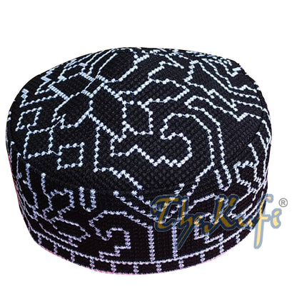 Embroidered Black Orchid Pattern Soft Lined Pakistani Style Topi Kufi Cap