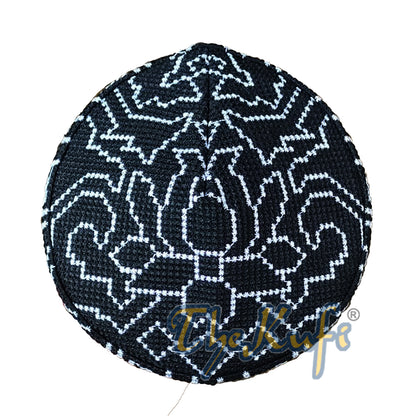 Corak Orkid Hitam Bersulam Bergaris Lembut Topi Kufi Gaya Pakistan