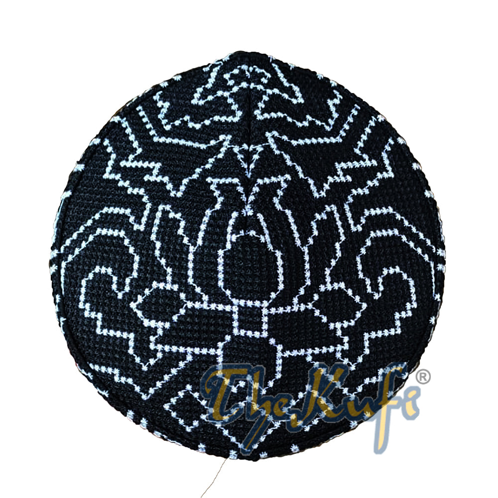 Corak Orkid Hitam Bersulam Bergaris Lembut Topi Kufi Gaya Pakistan