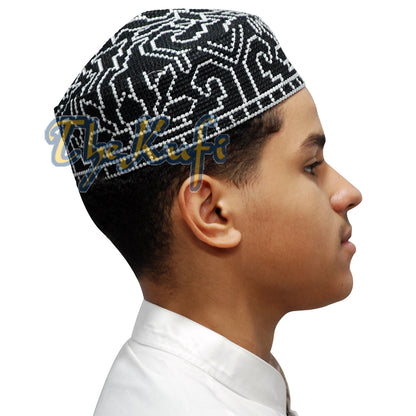 Corak Orkid Hitam Bersulam Bergaris Lembut Topi Kufi Gaya Pakistan