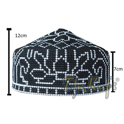 Corak Orkid Hitam Bersulam Bergaris Lembut Topi Kufi Gaya Pakistan