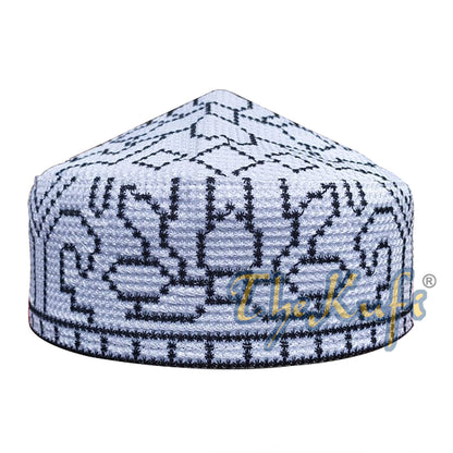 Embroidered White Orchid Pattern Soft Lined Pakistani Style Topi Kufi Cap