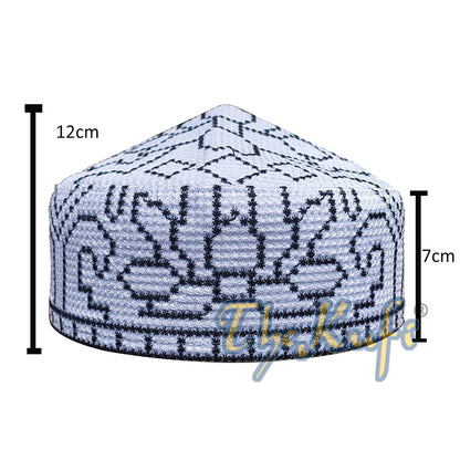 Embroidered White Orchid Pattern Soft Lined Pakistani Style Topi Kufi Cap