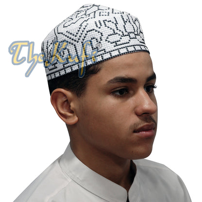 Embroidered White Orchid Pattern Soft Lined Pakistani Style Topi Kufi Cap