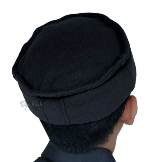 Black Afghani-Style "Tauhid until the end" Faux Wool Stretchable Pakol Mujahidin Soft Kufi Hat