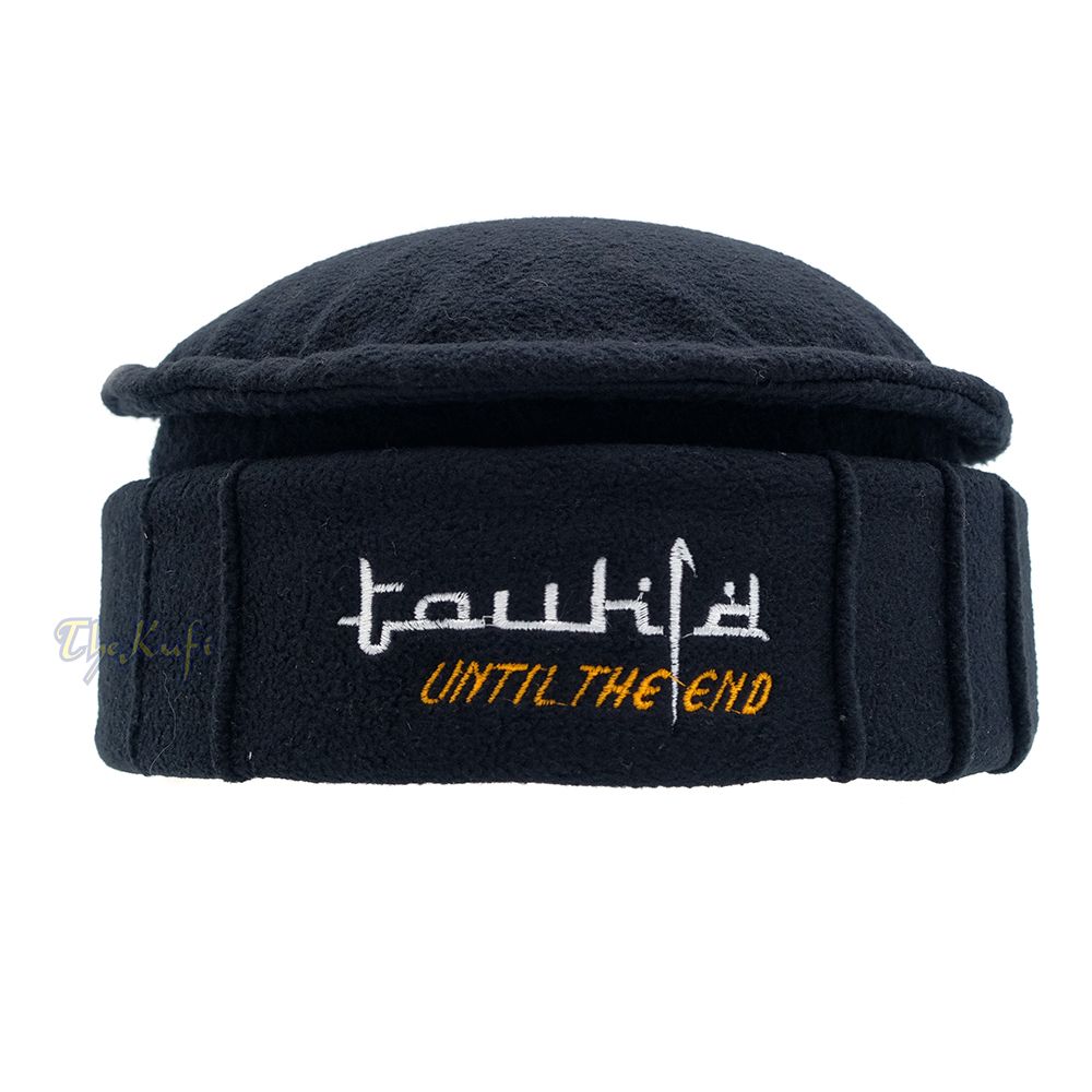 Black Afghani-Style “Tauhid until the end” Faux Wool Stretchable Pakol Mujahidin Soft Kufi Hat