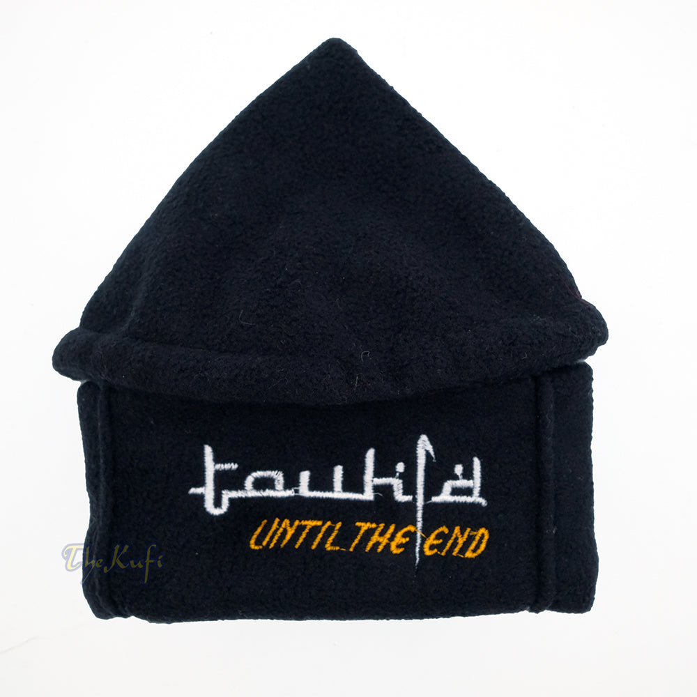 Black Afghani-Style "Tauhid until the end" Faux Wool Stretchable Pakol Mujahidin Soft Kufi Hat