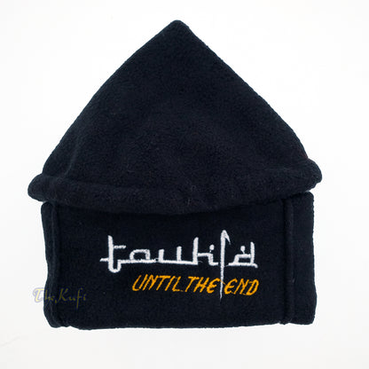 Black Afghani-Style "Tauhid until the end" Faux Wool Stretchable Pakol Mujahidin Soft Kufi Hat