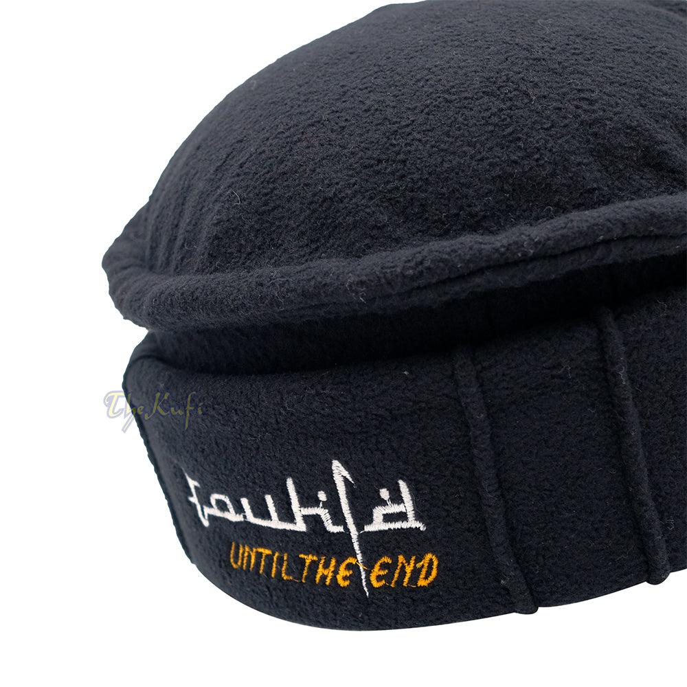 Black Afghani-Style “Tauhid until the end” Faux Wool Stretchable Pakol Mujahidin Soft Kufi Hat