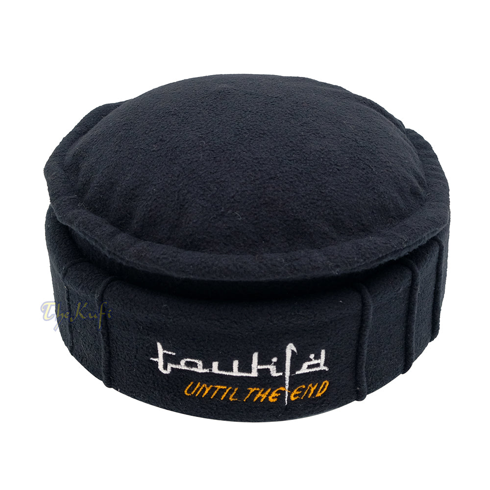 Black Afghani-Style "Tauhid until the end" Faux Wool Stretchable Pakol Mujahidin Soft Kufi Hat