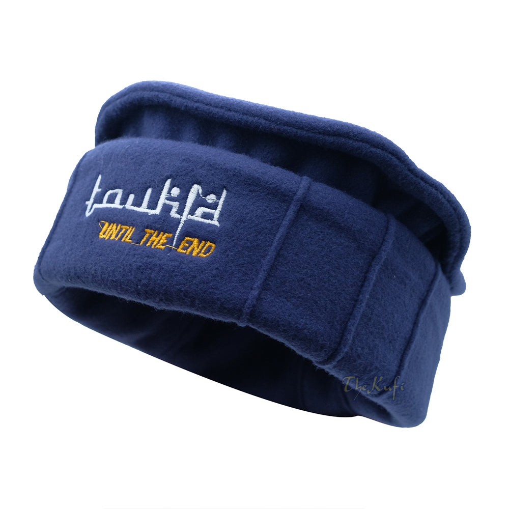 Dark Blue Afghani-Style “Tauhid until the end” Faux Wool Stretchable Pakol Mujahidin Soft Kufi Hat