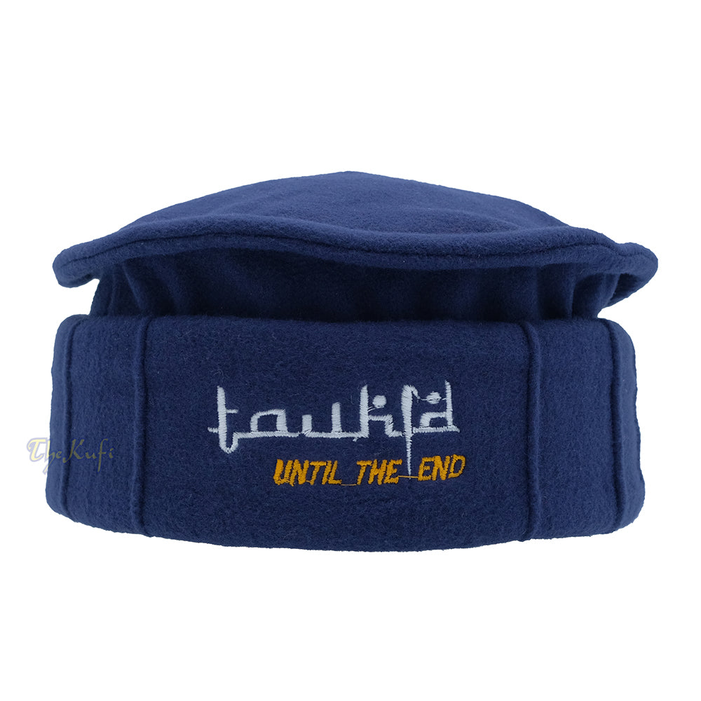 Dark Blue Afghani-Style "Tauhid until the end" Faux Wool Stretchable Pakol Mujahidin Soft Kufi Hat