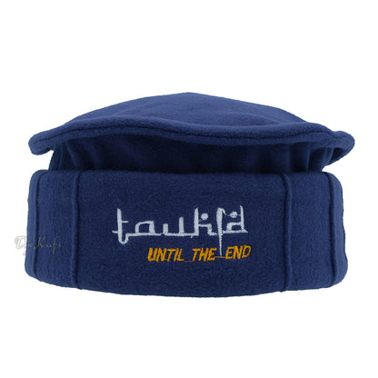 Dark Blue Afghani-Style "Tauhid until the end" Faux Wool Stretchable Pakol Mujahidin Soft Kufi Hat