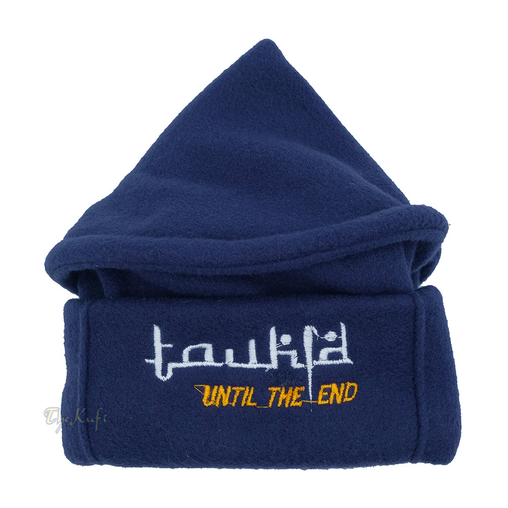 Dark Blue Afghani-Style “Tauhid until the end” Faux Wool Stretchable Pakol Mujahidin Soft Kufi Hat