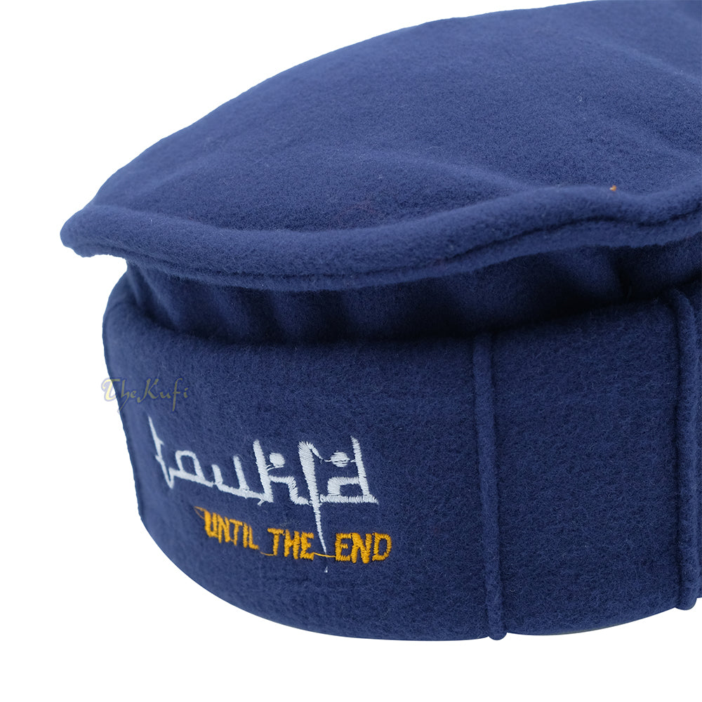 Dark Blue Afghani-Style “Tauhid until the end” Faux Wool Stretchable Pakol Mujahidin Soft Kufi Hat