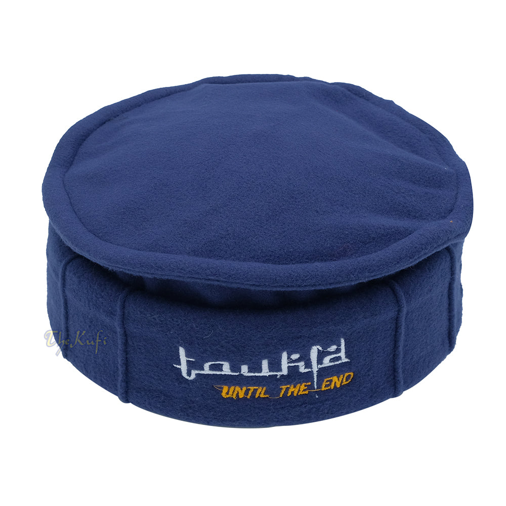 Dark Blue Afghani-Style "Tauhid until the end" Faux Wool Stretchable Pakol Mujahidin Soft Kufi Hat