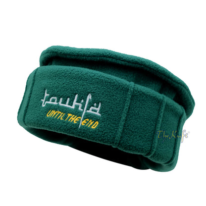 Green Afghani-Style “Tauhid until the end” Faux Wool Stretchable Pakol Mujahidin Soft Kufi Hat