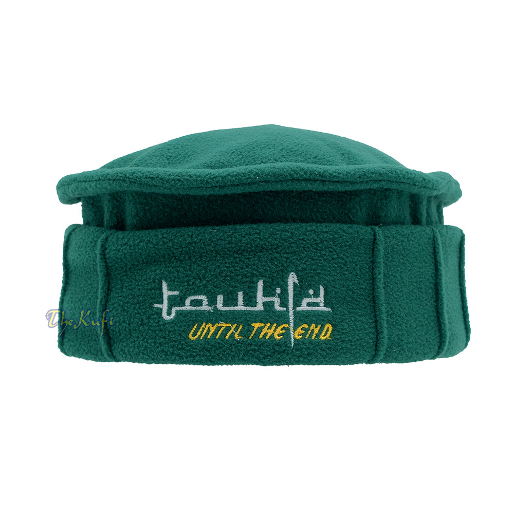 Green Afghani-Style "Tauhid until the end" Faux Wool Stretchable Pakol Mujahidin Soft Kufi Hat