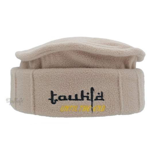 Light Brown Afghani-Style “Tauhid until the end” Faux Wool Stretchable Pakol Mujahidin Soft Kufi Hat