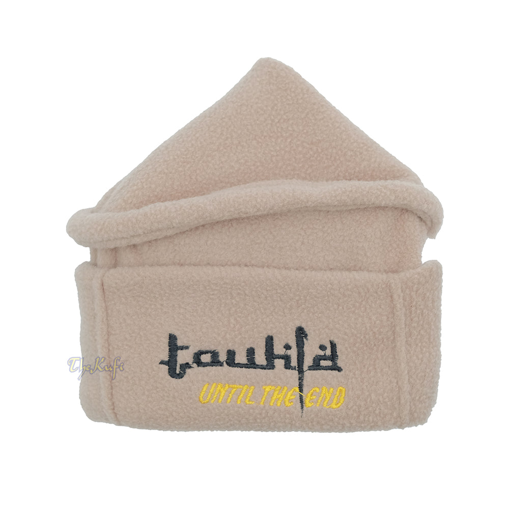 Light Brown Afghani-Style “Tauhid until the end” Faux Wool Stretchable Pakol Mujahidin Soft Kufi Hat