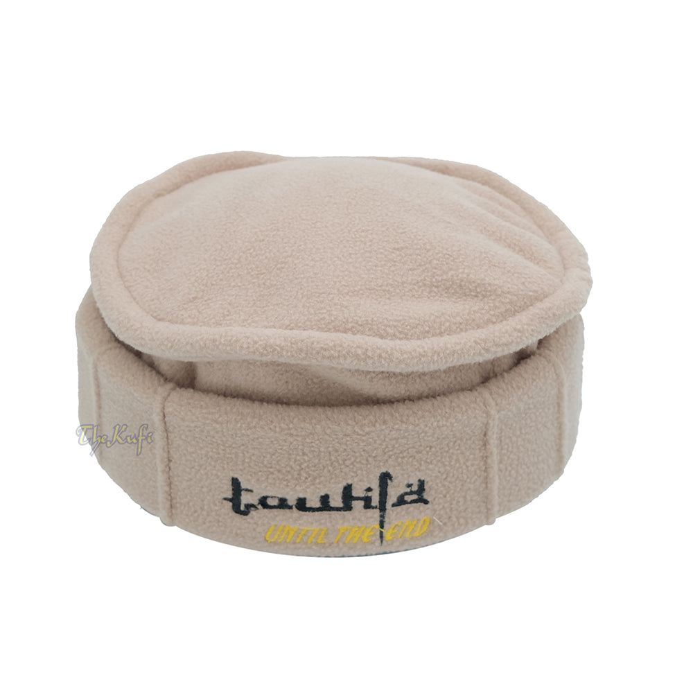 Light Brown Afghani-Style "Tauhid until the end" Faux Wool Stretchable Pakol Mujahidin Soft Kufi Hat
