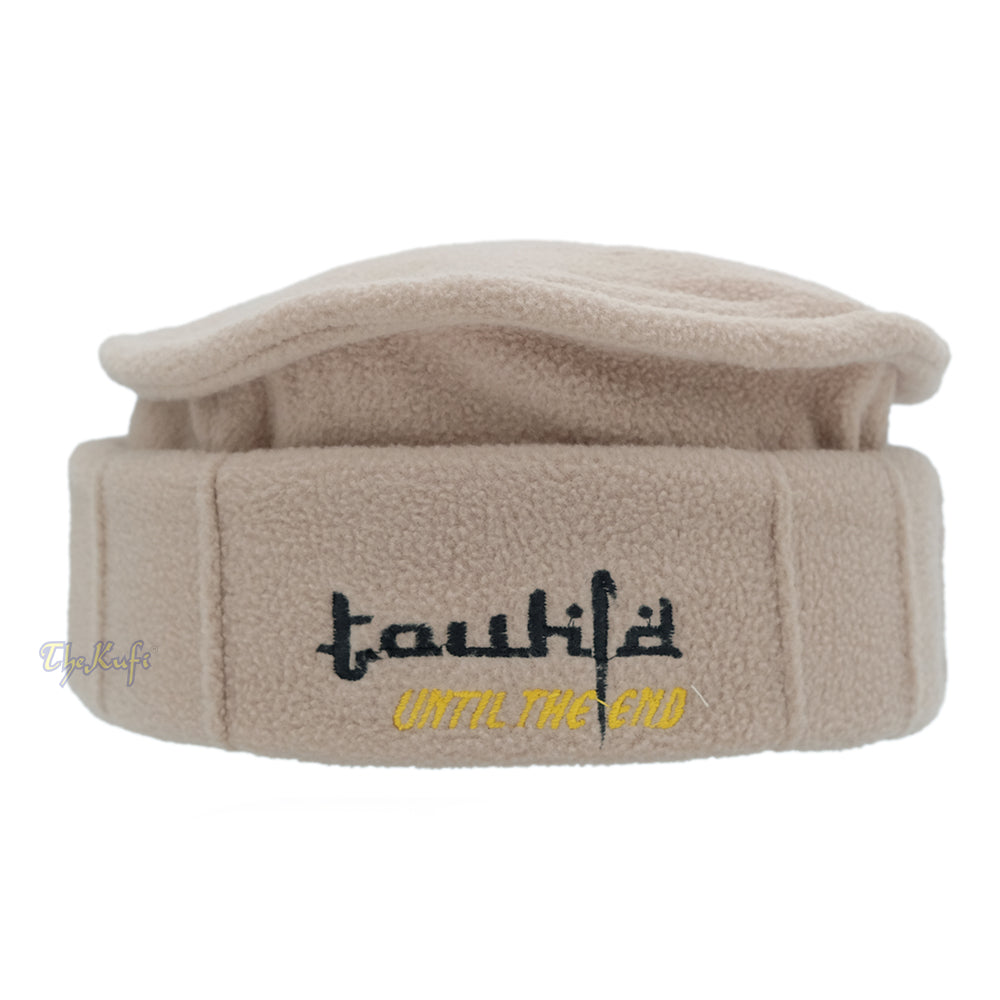 Light Brown Afghani-Style "Tauhid until the end" Faux Wool Stretchable Pakol Mujahidin Soft Kufi Hat