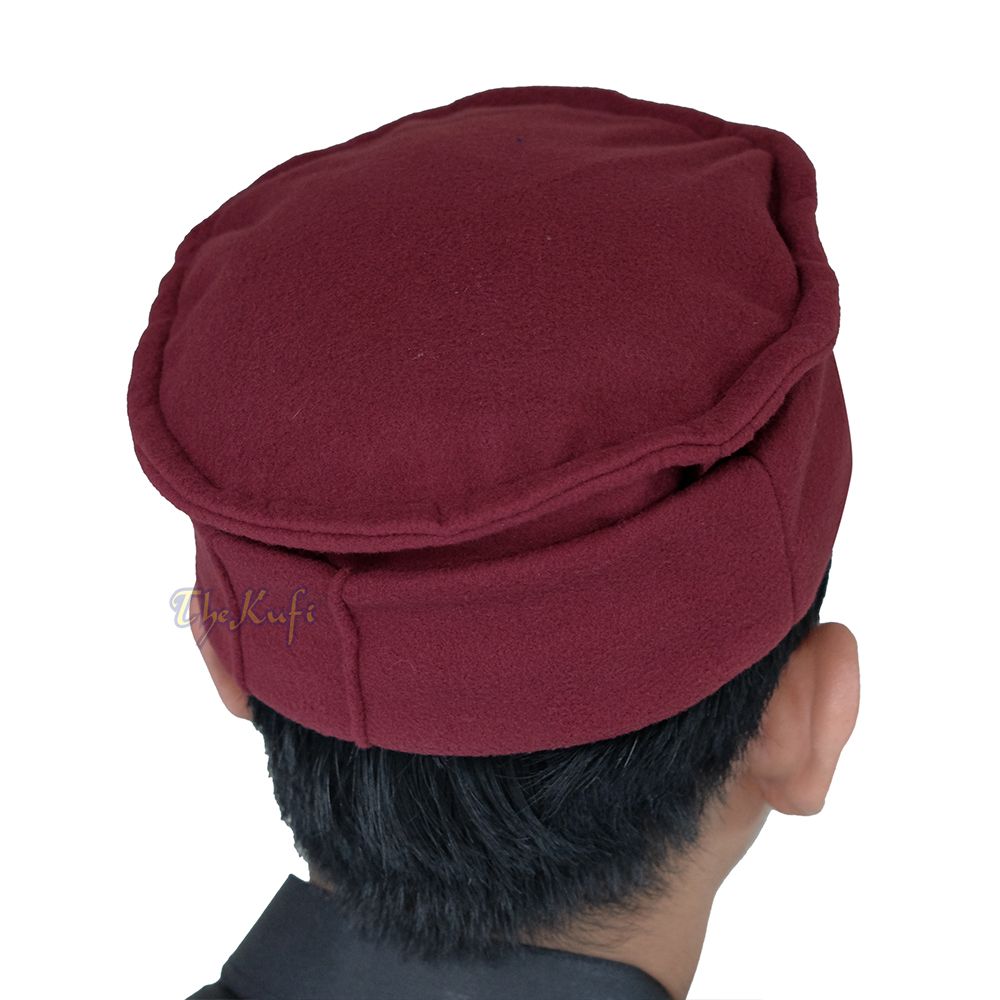 Maroon Afghani-Style “Tauhid until the end” Faux Wool Stretchable Pakol Mujahidin Soft Kufi Hat