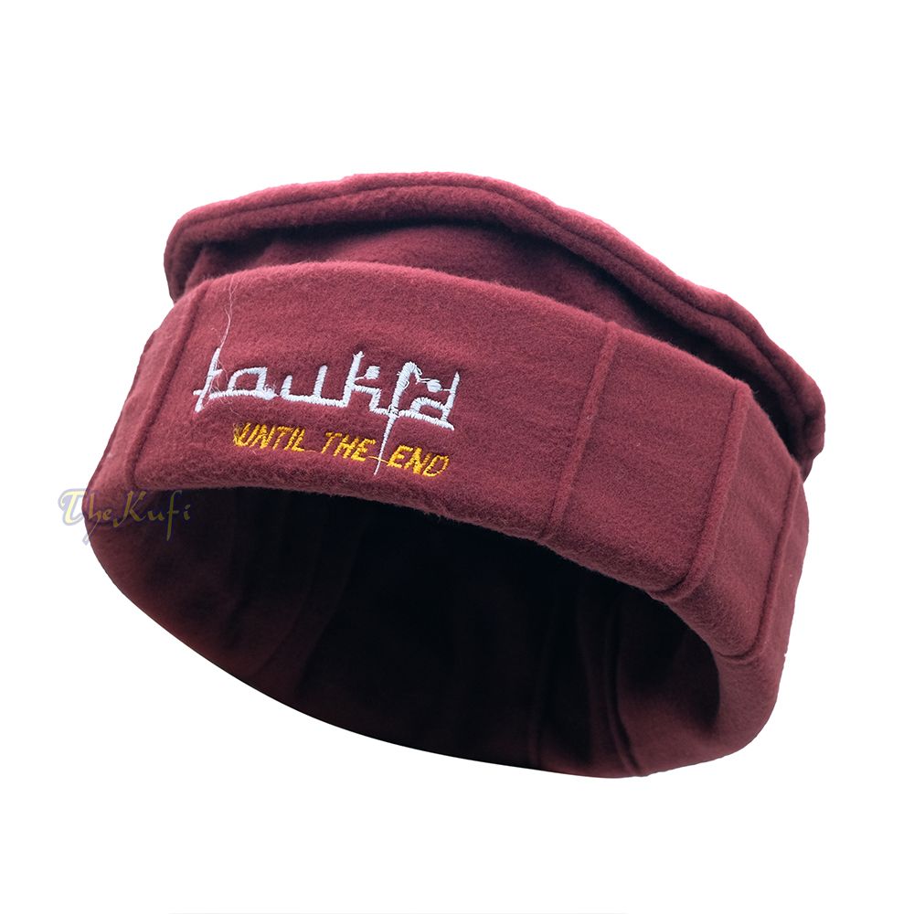 Maroon Afghani-Style “Tauhid until the end” Faux Wool Stretchable Pakol Mujahidin Soft Kufi Hat