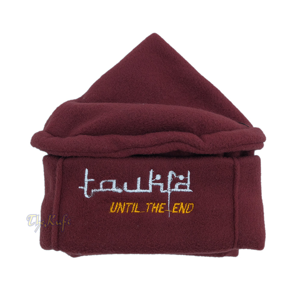 Maroon Afghani-Style "Tauhid until the end" Faux Wool Stretchable Pakol Mujahidin Soft Kufi Hat