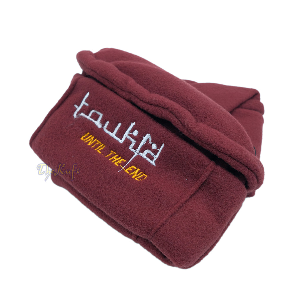 Maroon Afghani-Style “Tauhid until the end” Faux Wool Stretchable Pakol Mujahidin Soft Kufi Hat