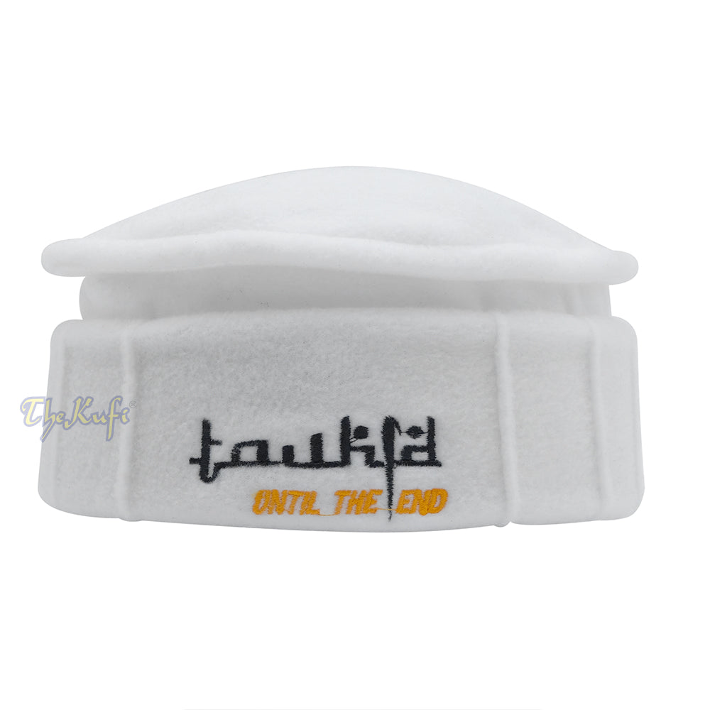 White Afghani-Style “Tauhid until the end” Faux Wool Stretchable Pakol Mujahidin Soft Kufi Hat