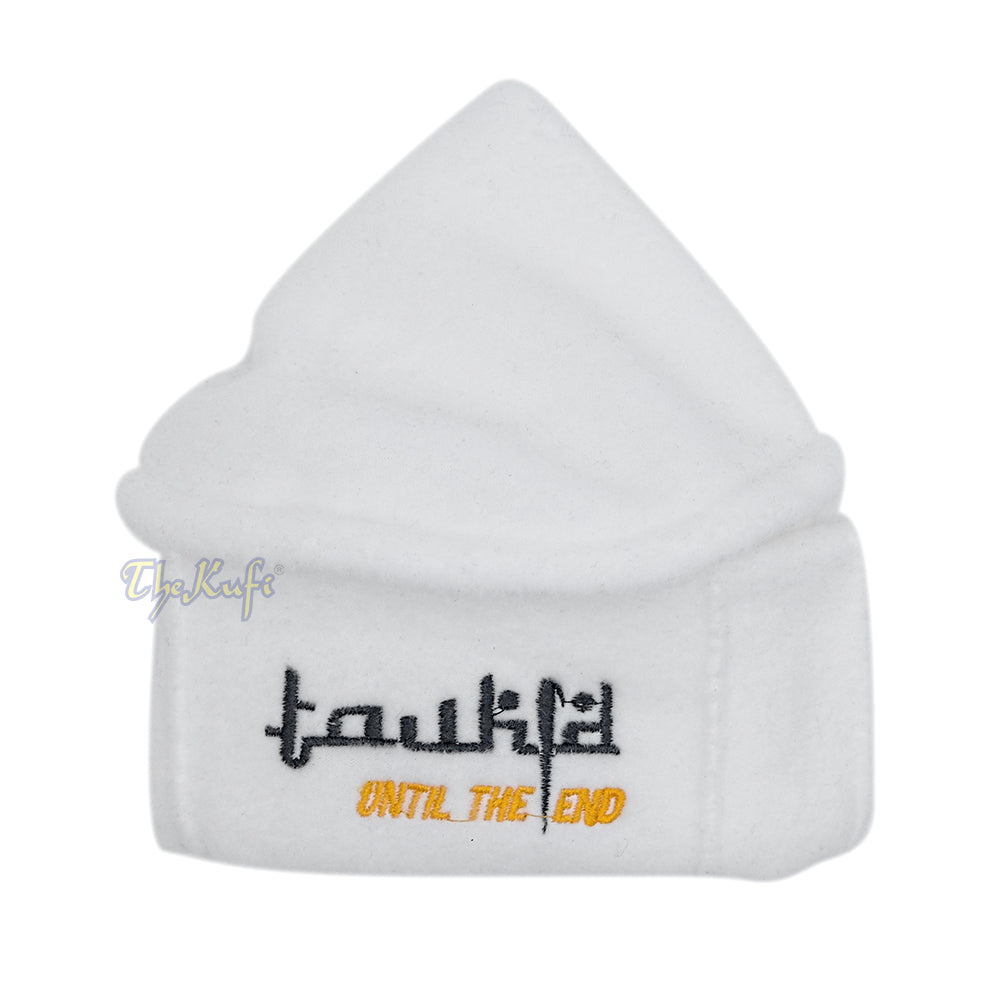 White Afghani-Style “Tauhid until the end” Faux Wool Stretchable Pakol Mujahidin Soft Kufi Hat