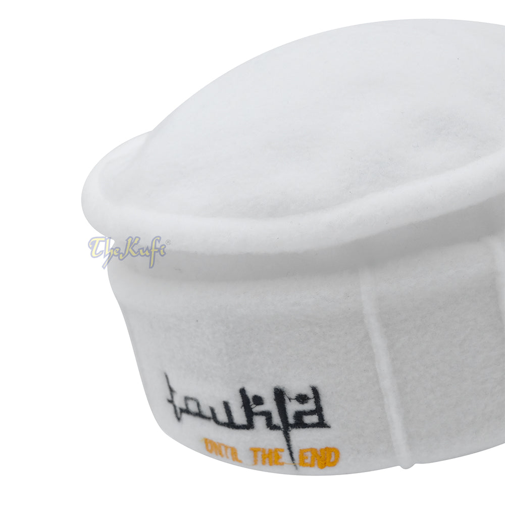 White Afghani-Style “Tauhid until the end” Faux Wool Stretchable Pakol Mujahidin Soft Kufi Hat