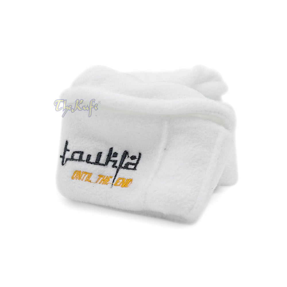 White Afghani-Style “Tauhid until the end” Faux Wool Stretchable Pakol Mujahidin Soft Kufi Hat