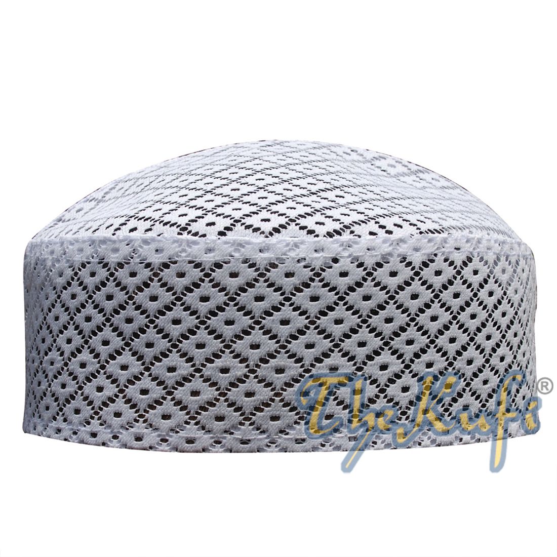 White Kufi Hat – Stiffened Mesh Lace Open-work Crosshatch Diamond Design Cap